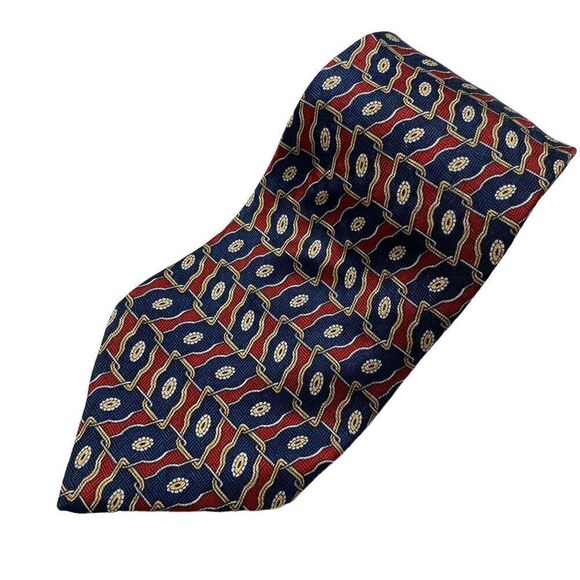 Geoffrey Beene Tie Men's Necktie Silk Geometric Maroon Blue Gold Silver USA - Picture 1 of 8